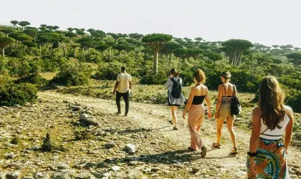 Tourists hiking in Socotra mountains